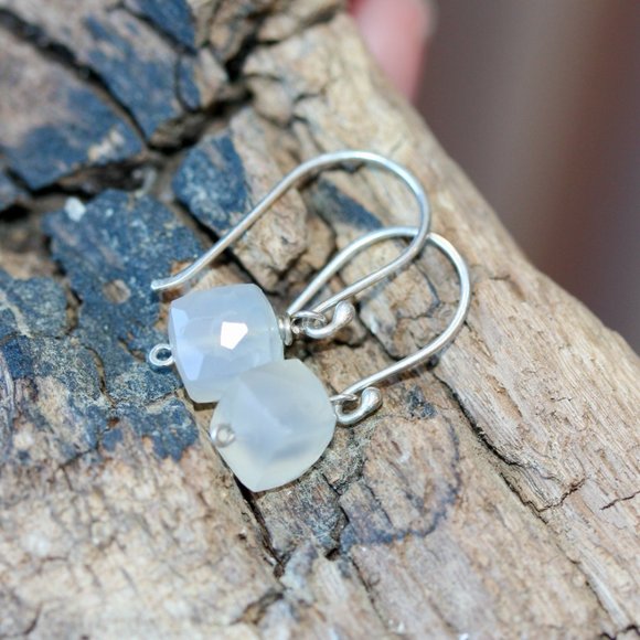 Tiny Silver Earring - Small Square Gem Earrings - White Chalcedony Earrings - - Picture 8 of 9